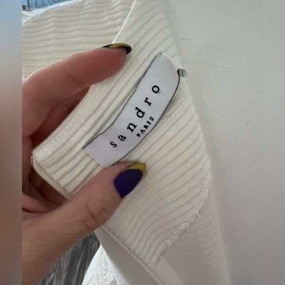 SANDRO Ivory Knit Fit & Flare Dress With Lace Mid Detail Size 1 | US Small - Picture 9 of 11